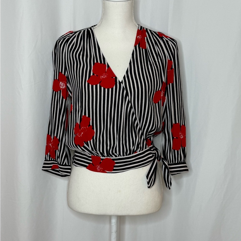 NWOT Madewell Black and White Striped Blouse with Red Floral Accents